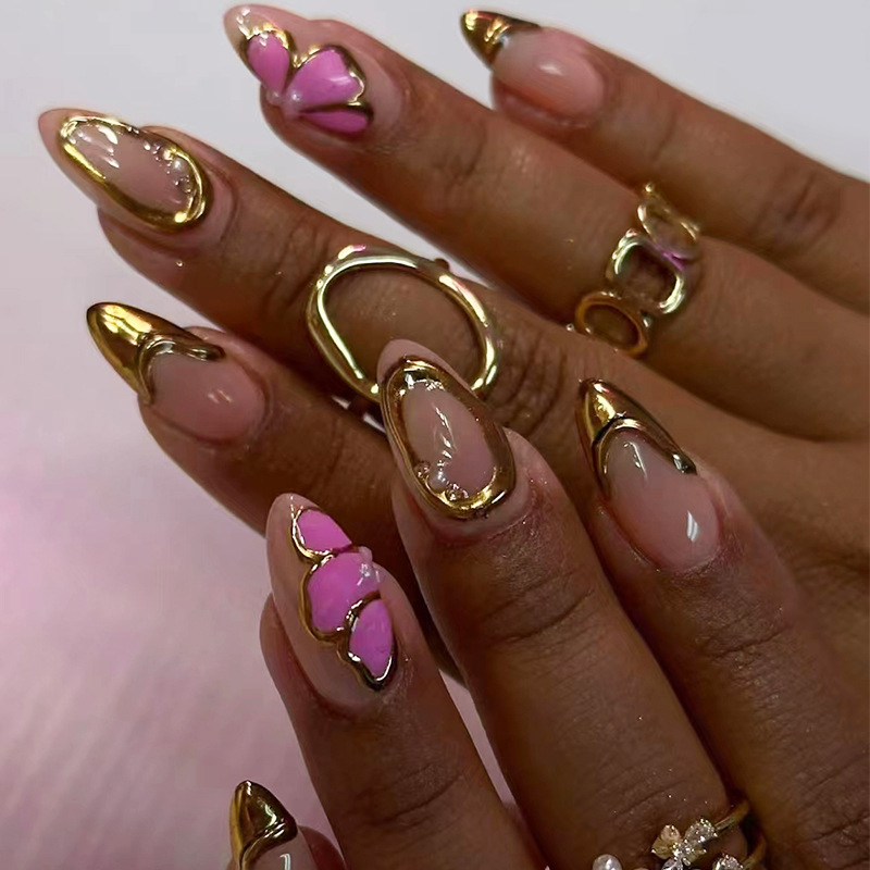 Duck French Tip Press Nails Glue Almond Butterfly Design Full Cover 24 Pieces