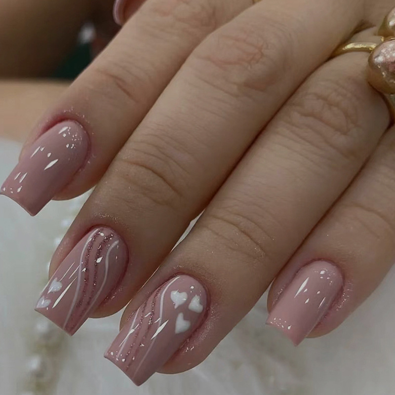 24Pcs Nude Lotus pink Nail Art Heart-shaped Waves Cute Detachable square Press-on False Nails Finger