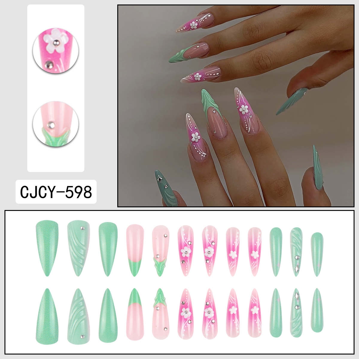 French Tip 24pcs Press on Nails Nude Sky Blue Long Stiletto Press on Nails Gradient 3D White Flower Blue Wave Water Drop False Nails