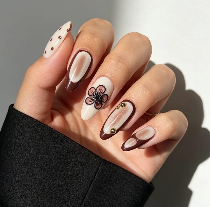 Almond Press on Nails 24pcs Brown Polka Dot Flower Design False Nails with Gold Beads Reusable Full CoverPress on NailsWholesale