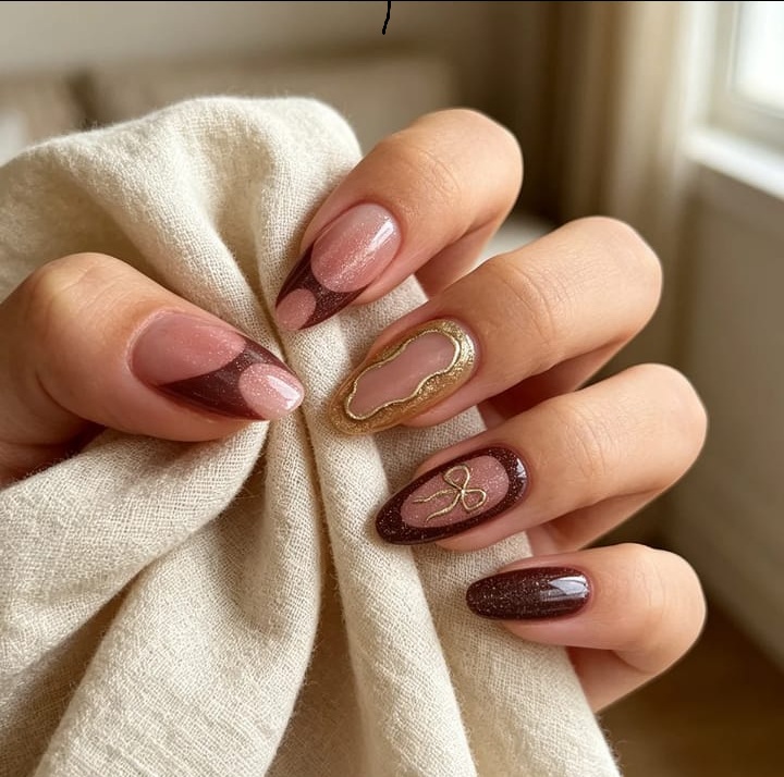 24pcs Burgundy Pink French Tip Almond Press on Nails with Gold Bow Star Charms Reusable False Nails Bulk for Women
