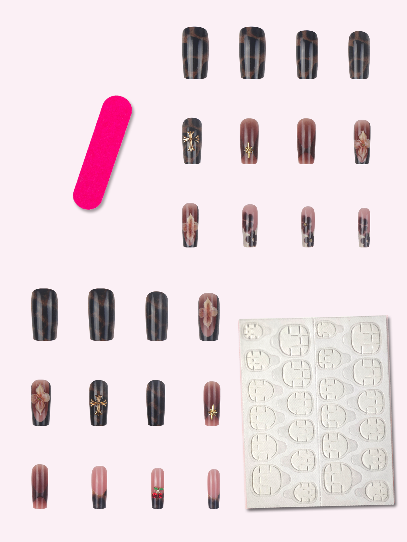 Retro Brown 24Pcs Flower Cherry Rhinestone Pattern Full Cover Fake Nails for Finger Application